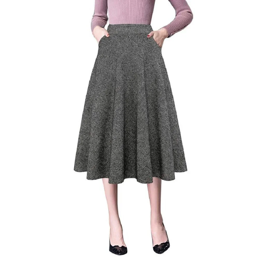 Wool High Waist A-Line Pleated Midi Skirt Fall Winter Casual